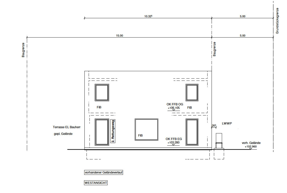 West view of a building with windows, door, terrace area and terrain markings.
