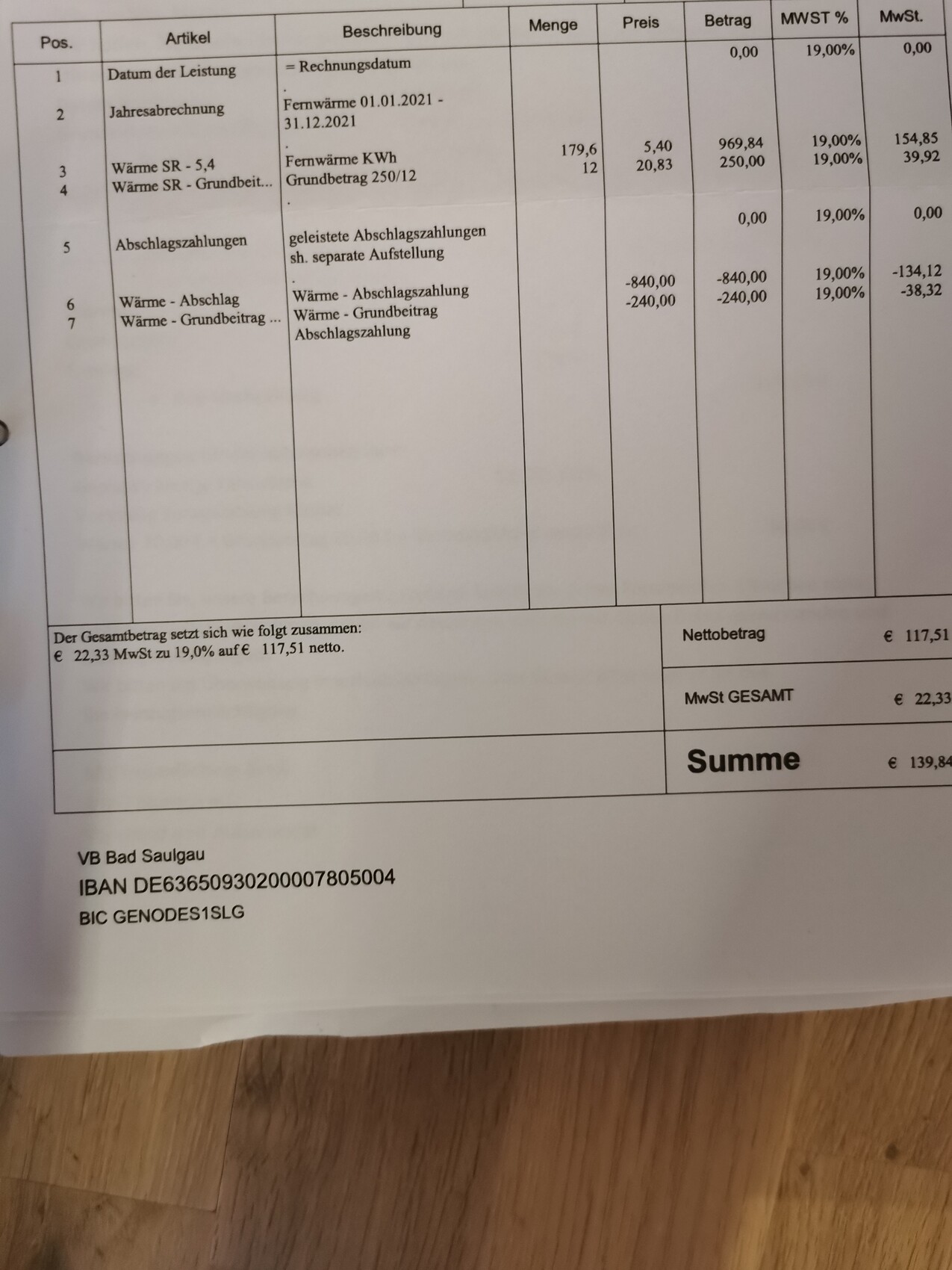 Rechnungsseite: Tabelle mit Positionen, Menge, Preis, Betrag und MwSt; Gesamtsumme.