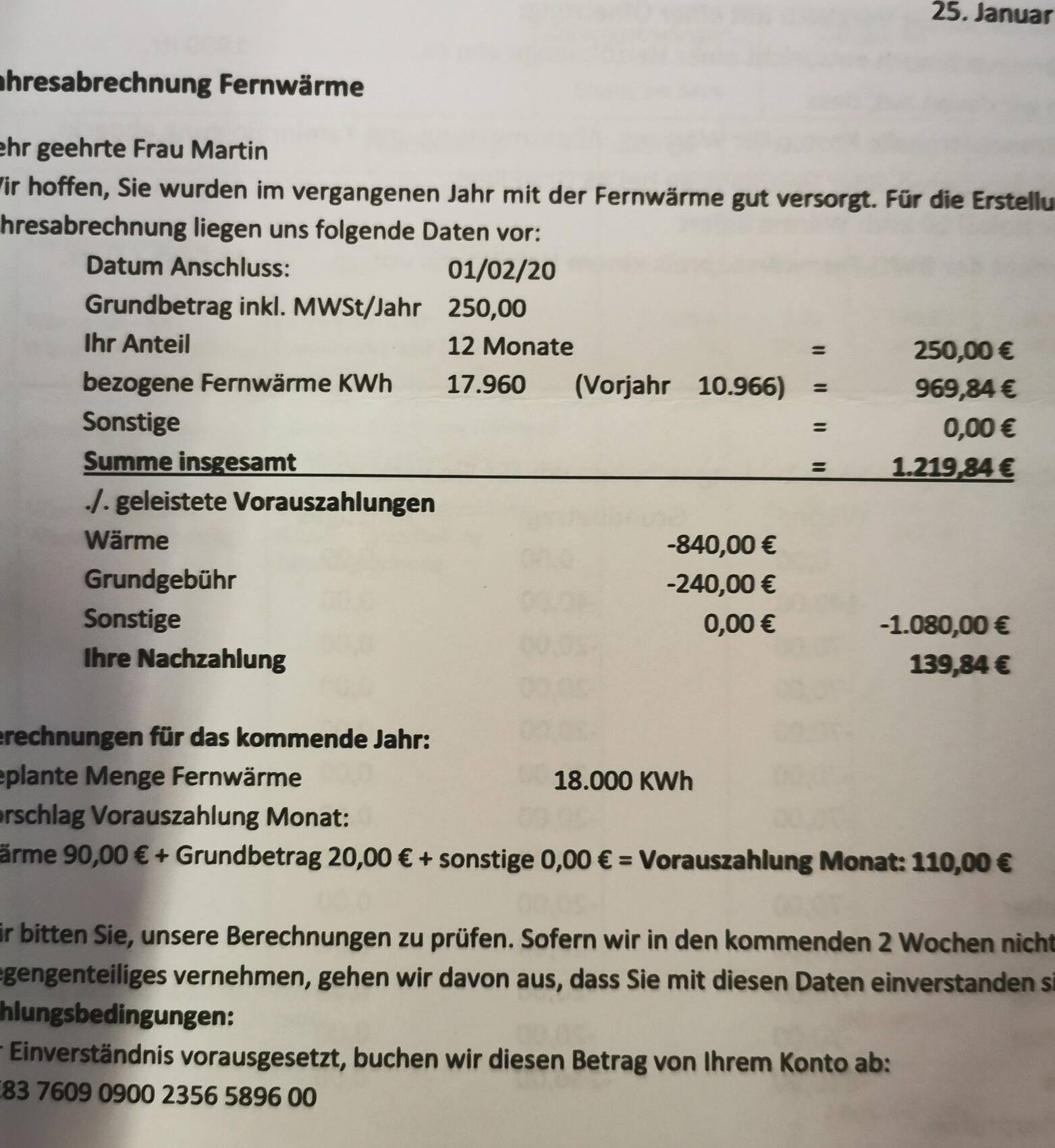 Jahresabrechnung Fernwärme mit Datum, Beträgen und Gesamt 1.219,84 €