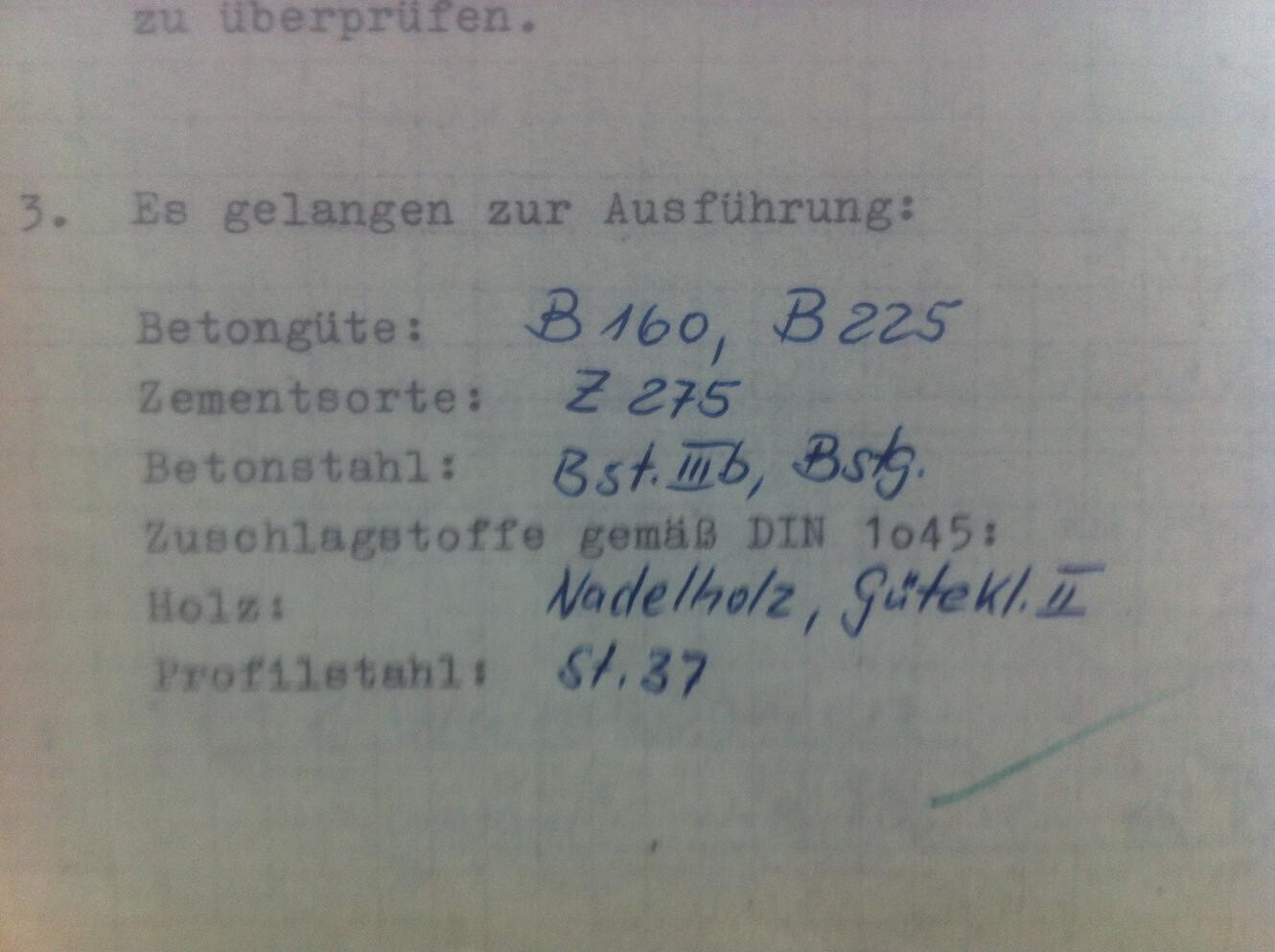 Handwritten list of building materials such as concrete, cement, and wood on paper.