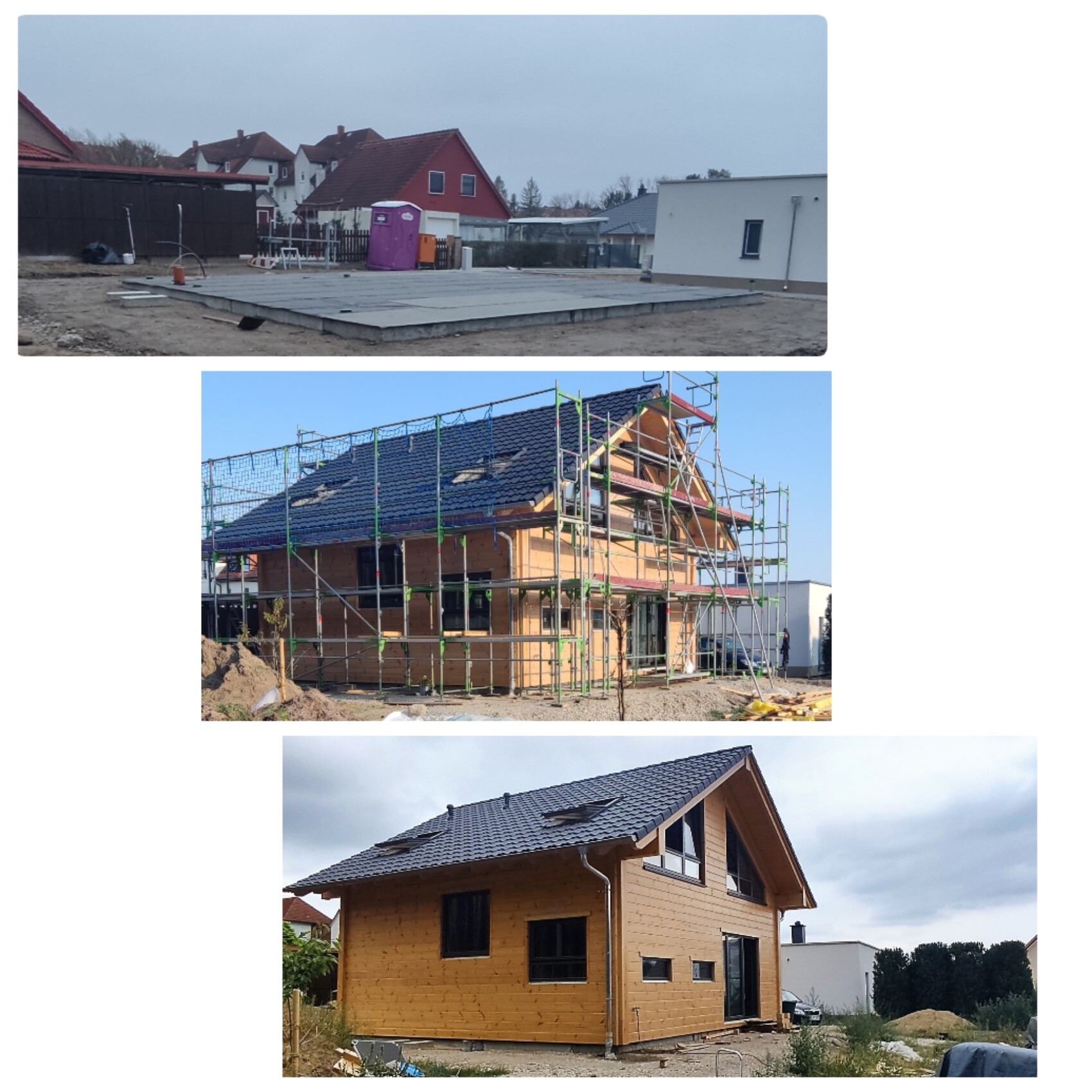 Three construction phases: foundation slab, shell construction with scaffolding, finished wooden house.