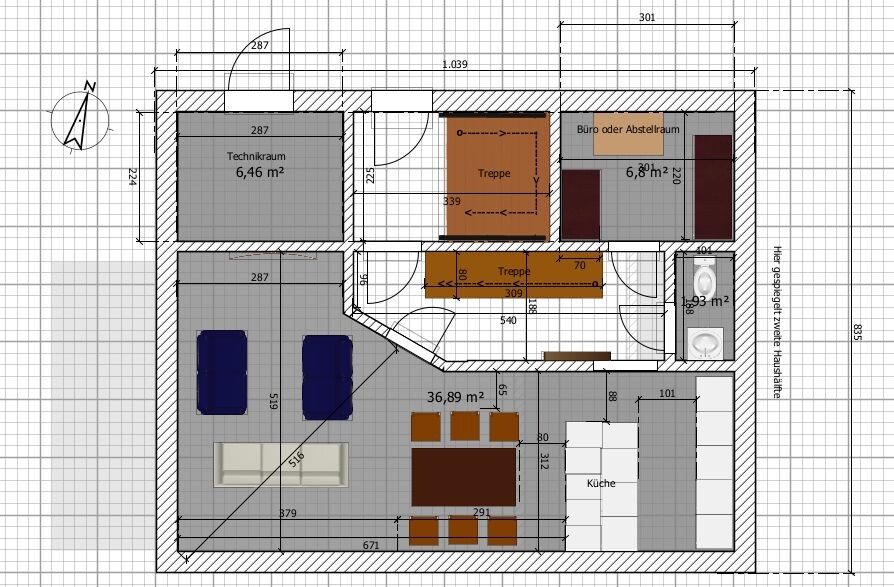 2D floor plan of a house with kitchen, living room, stairs, utility room and office or storage room.
