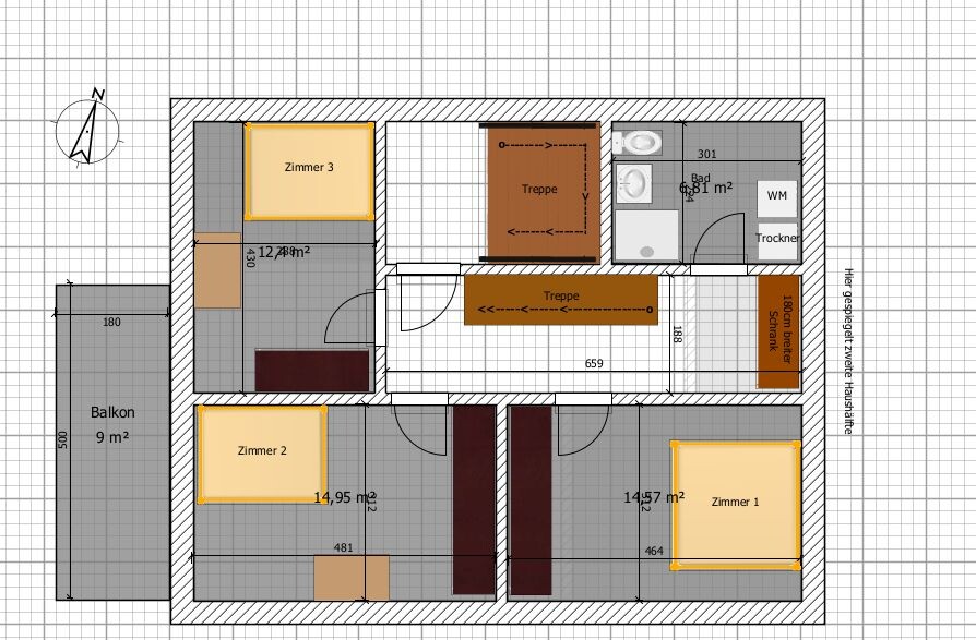 2D floor plan of a multi-story house with rooms, balcony and stairs