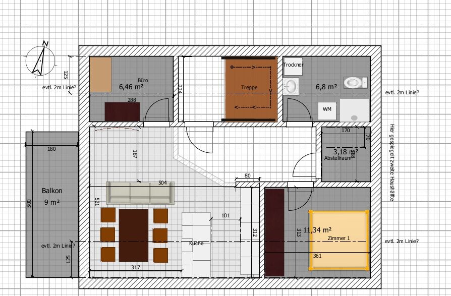 Floor plan of a house: kitchen, office, room 1, storage room, stairs and balcony.