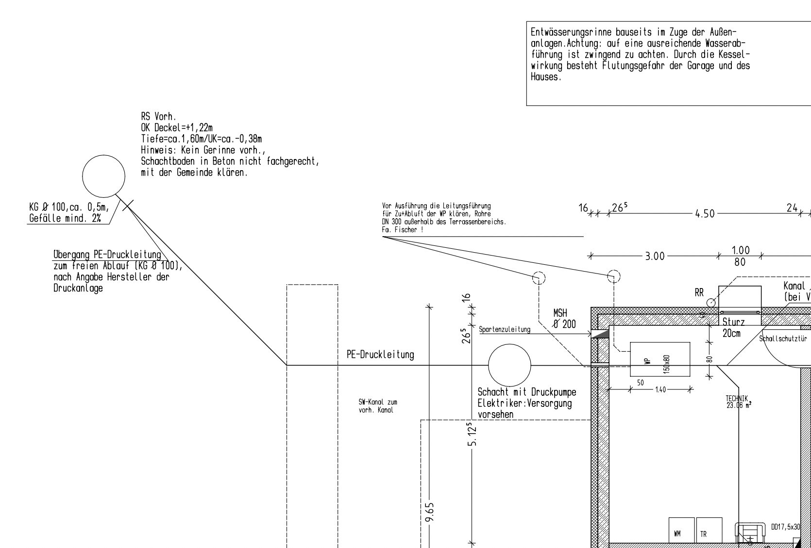 Technical construction drawing with building services lines, PE pressure pipes, shafts, and sewer routing.
