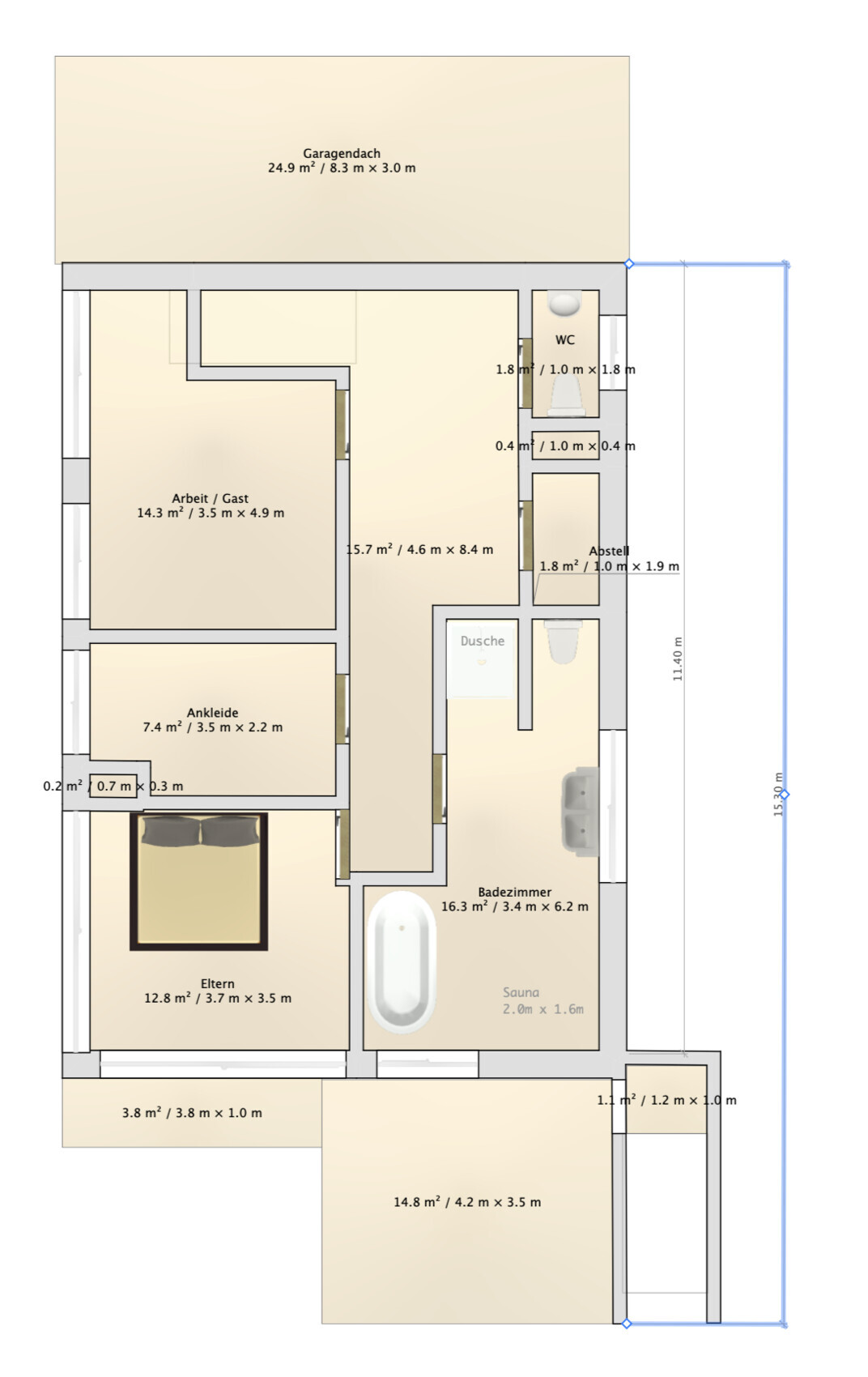 Floor plan of a house with garage, office, master bedroom, walk-in closet, bathroom with shower and sauna.