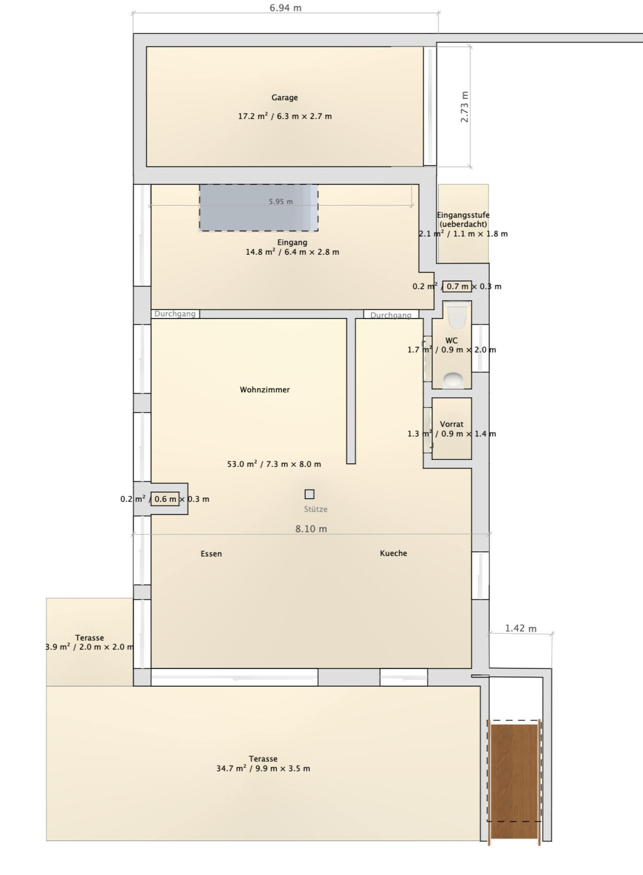 Floor plan of a house with garage, entrance, living room, kitchen, dining, terrace.