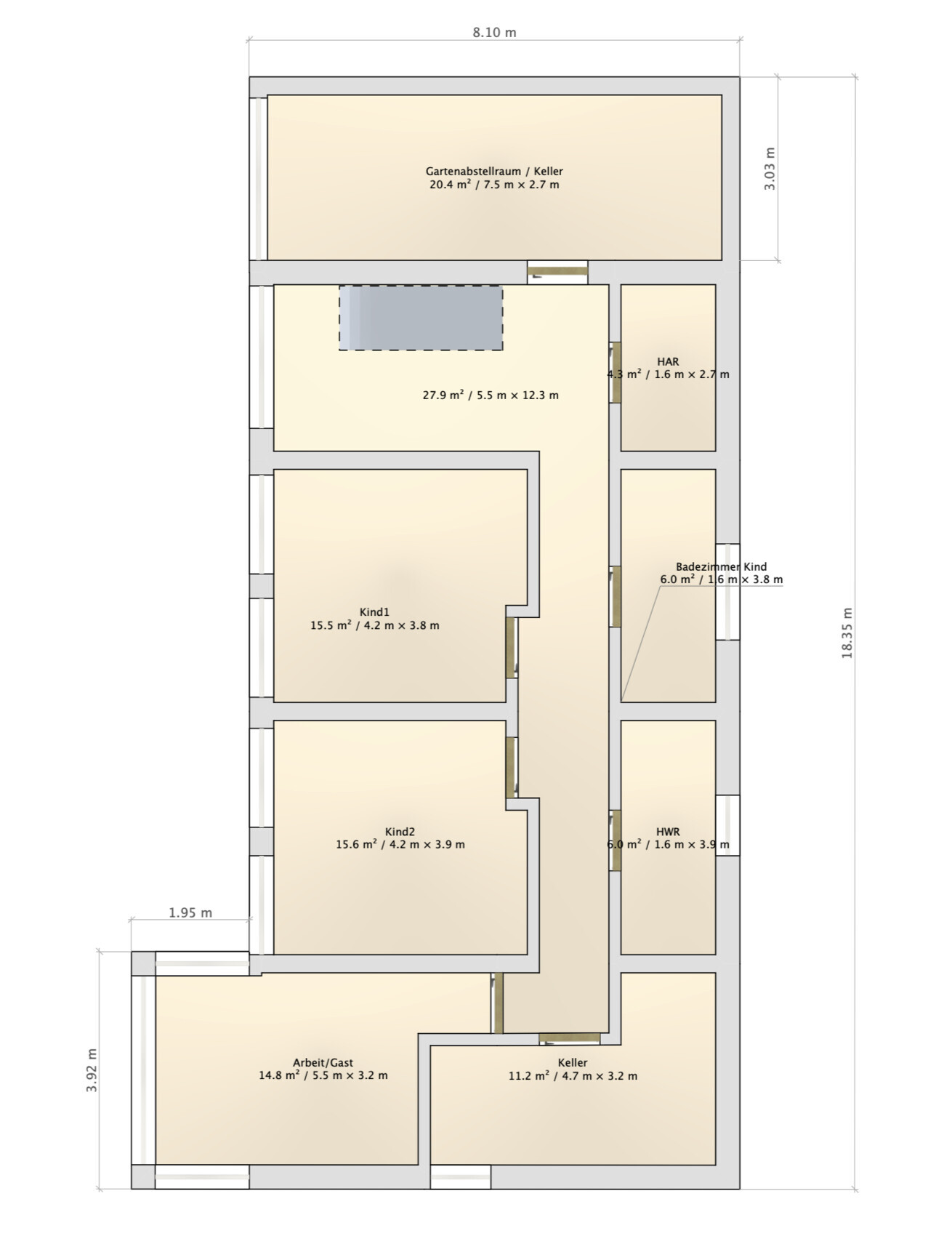 Floor plan of a house with rooms: Child 1, Child 2, office/guest, bathroom, cellar, HVAC room, utility room.