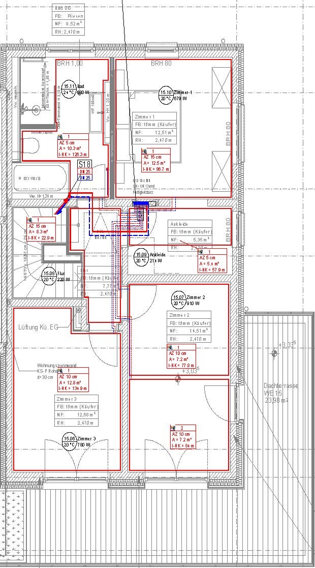 Floor plan of an apartment with multiple rooms, doors, windows, and red outlines.