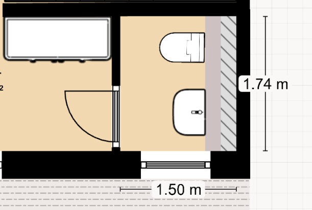 Small bathroom floor plan: tub on the left, toilet and washbasin on the right, door; dimensions 1.50×1.74 m (59×69 inches)