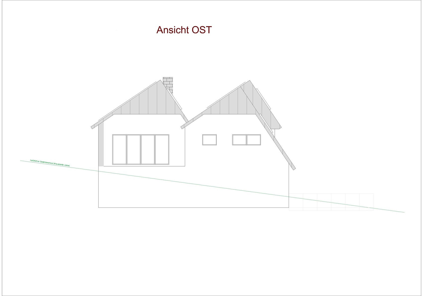 East view of a house with two gable roofs, windows, and chimney.
