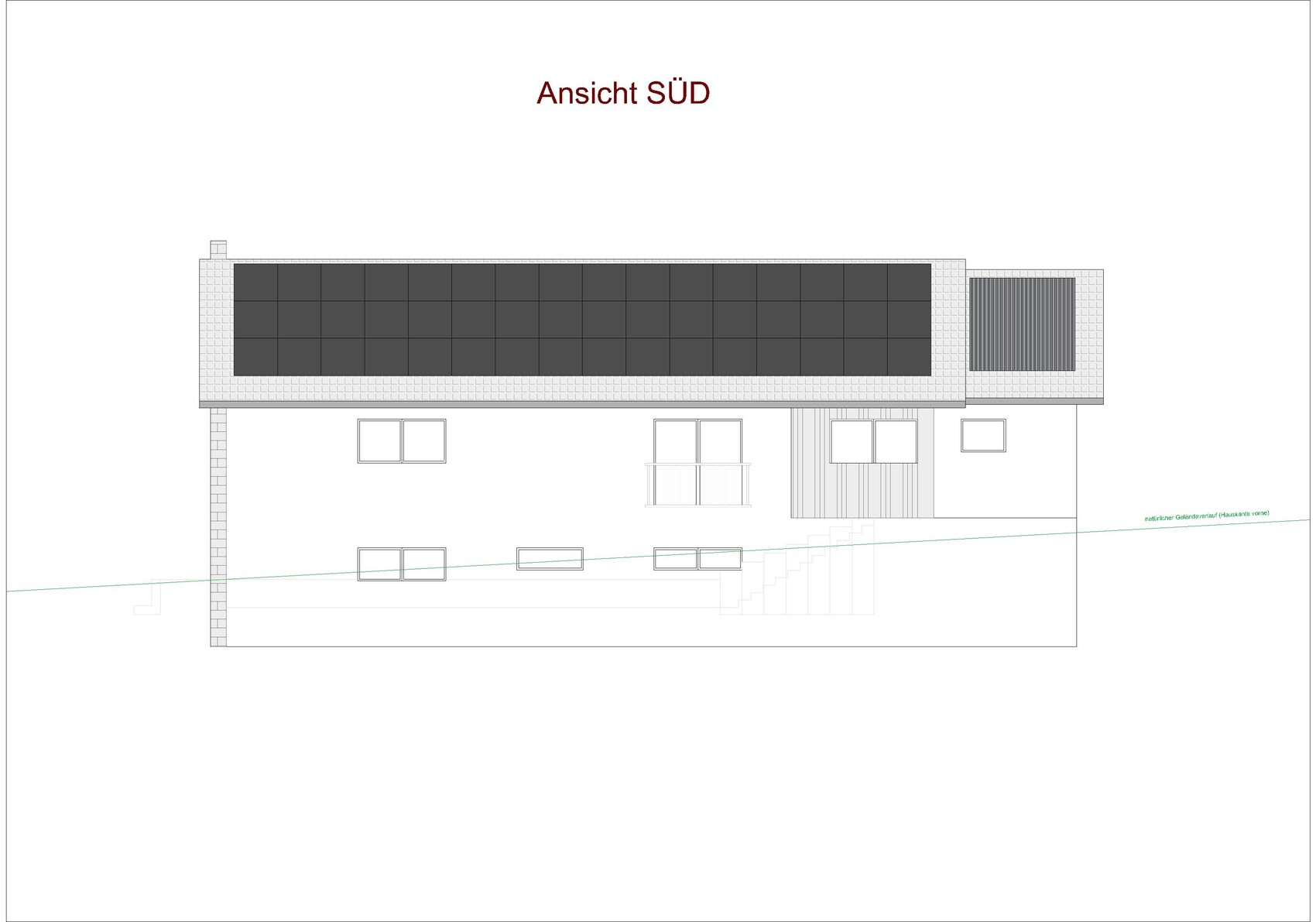 Modern house view from the south: flat roof, large solar panels, window front, and stairway to entrance.