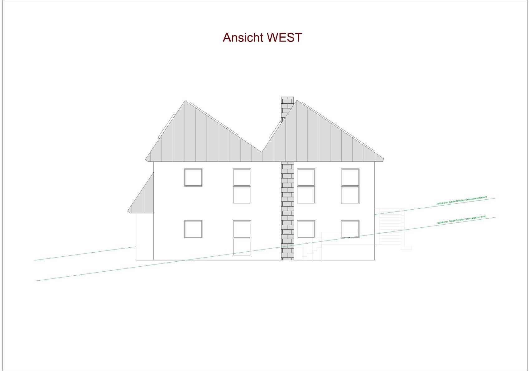 West view of a two-story house with central brick chimney, two gable roofs, and windows.