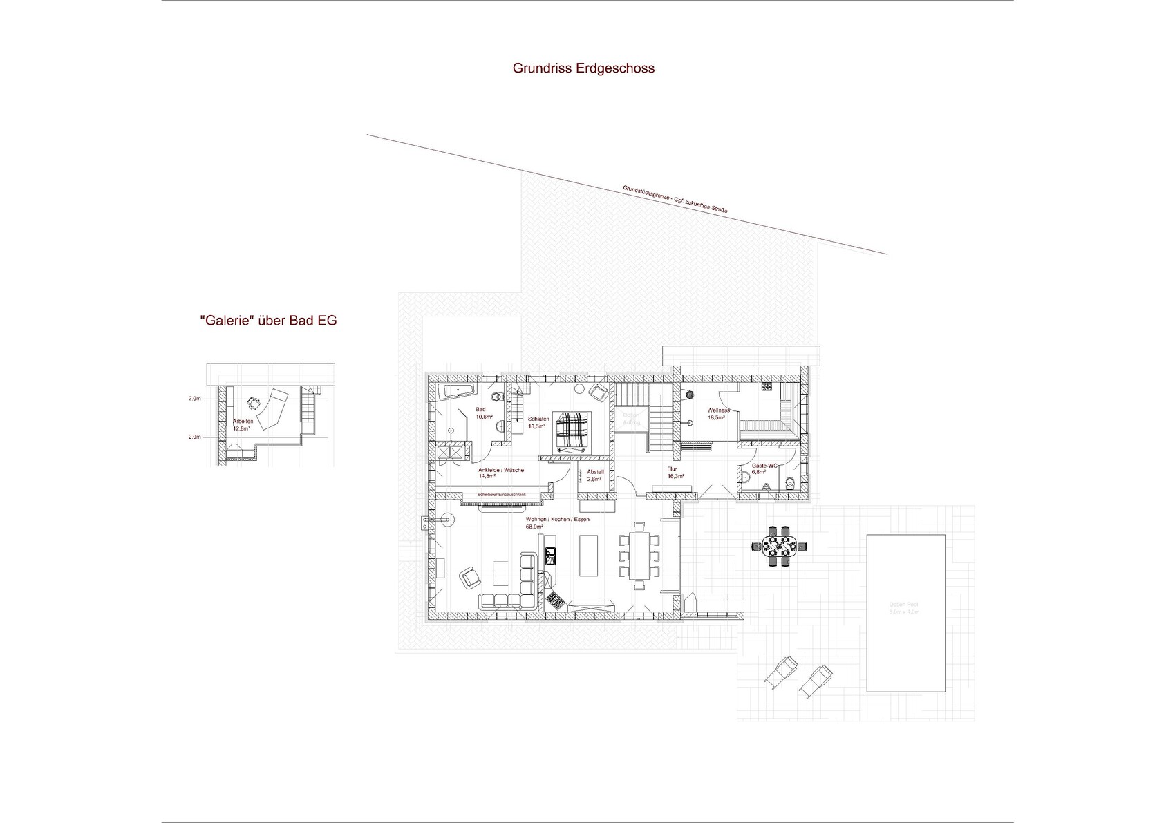 Ground floor plan of a house with living/dining area, kitchen, bedroom, bathroom, and terrace.