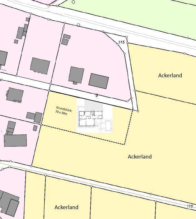 Site plan: pink plot with buildings, adjacent farmland, size 70 x 30 m (230 x 98 feet).