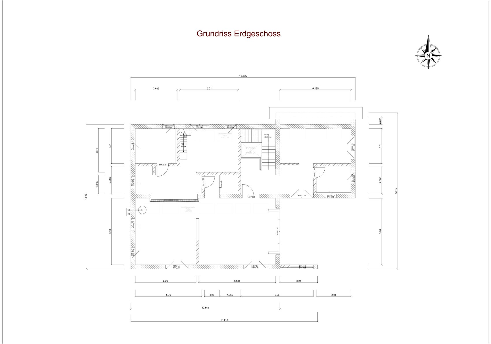 Ground floor plan: interior layout with walls, doors, stairs, and dimension lines.