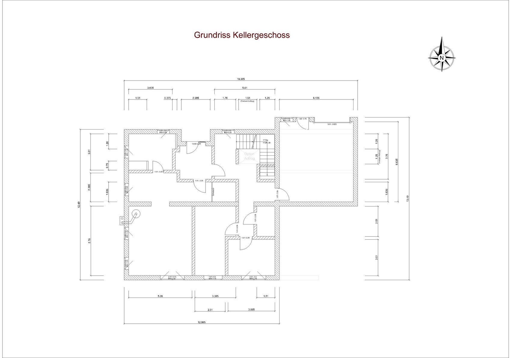 Basement floor plan with room layout, dimension lines, and compass rose.