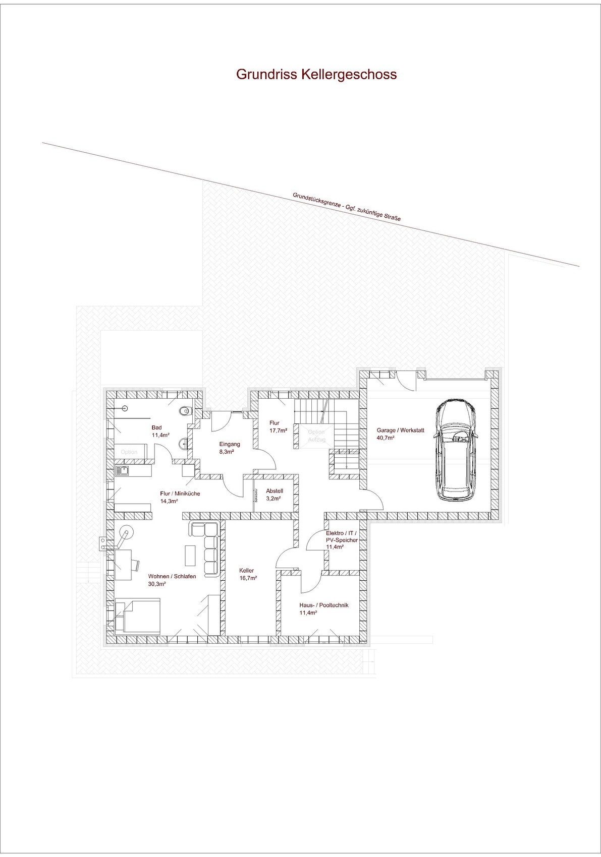 Basement floor plan of a house: garage/workshop, basement rooms, corridors, bathroom, living/sleeping area.