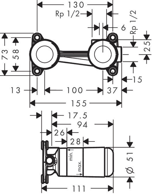 Technical drawing of a door hinge bracket with dimensions and mounting holes.