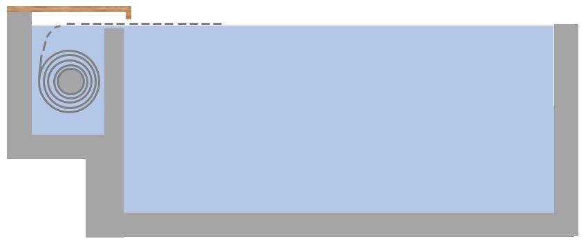 Large blue interior outline; on the left a small field with a spiral and dashed line.