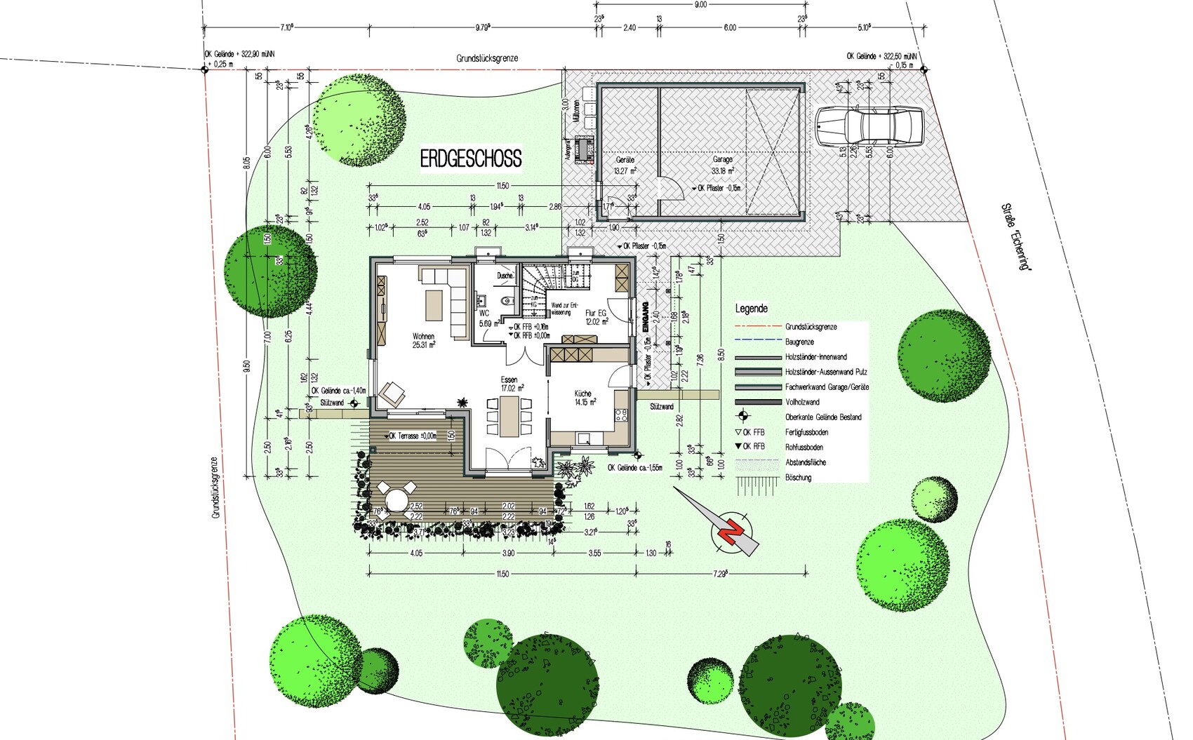 Ground floor layout of a house with garden, terrace, garage and trees.
