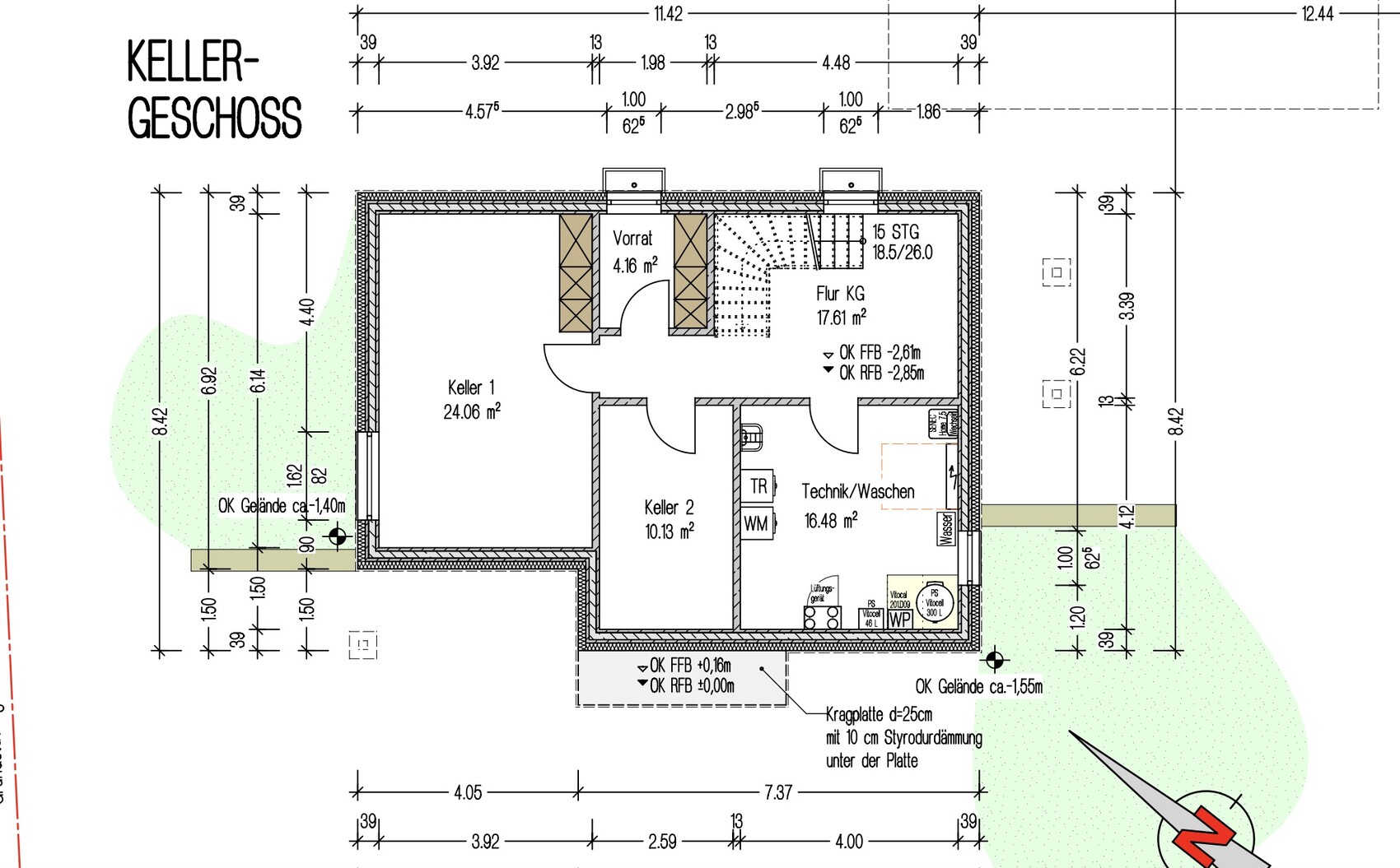 Basement floor plan: basement rooms 1 & 2, storage, basement corridor, technical/laundry.