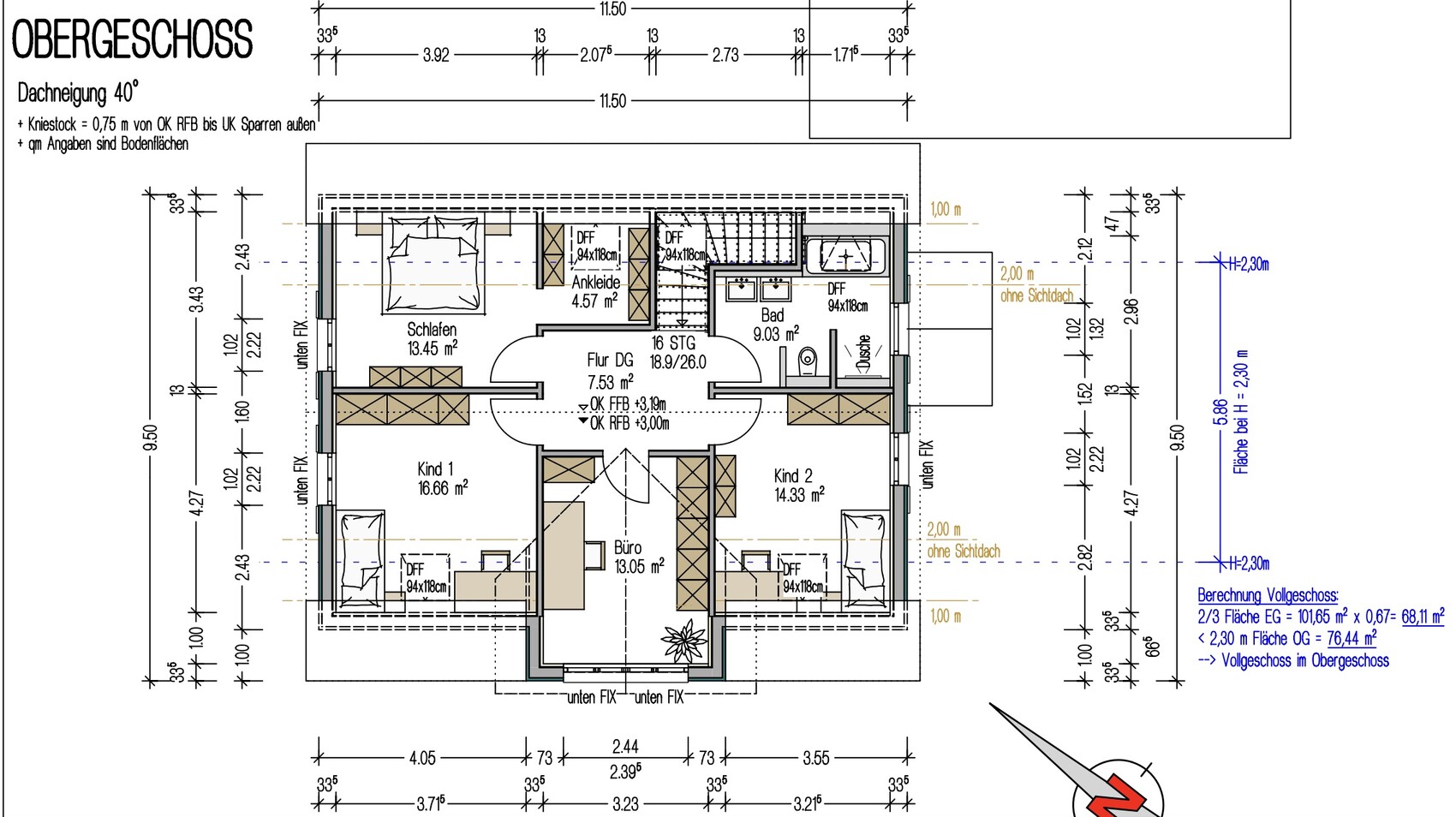 Upper floor plan: master bedroom, child 1, child 2, office, bathroom, corridor.
