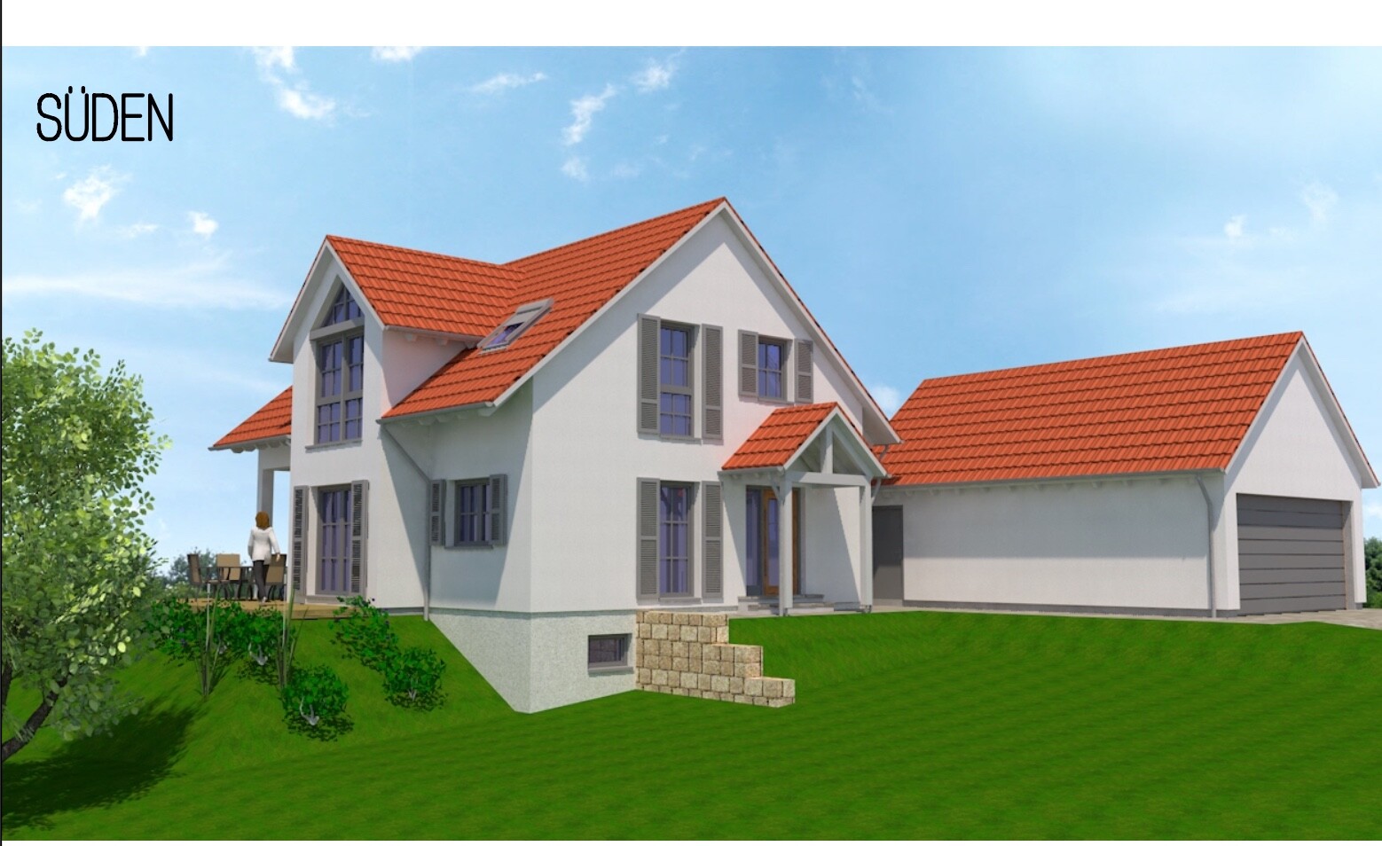 Modern single-family house with red tiled roof, garage, garden and person on terrace.