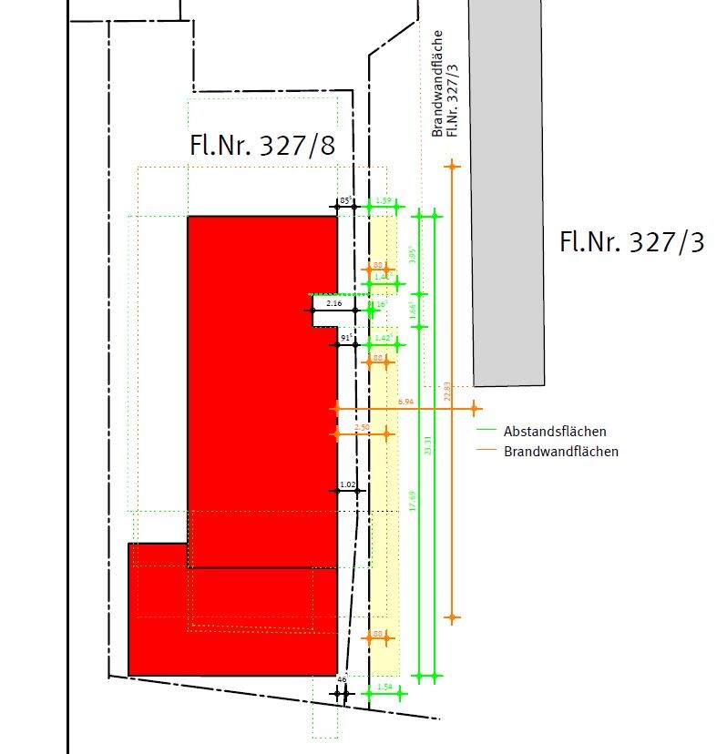 Site plan: red floor plan with setback and fire wall areas, plot no. 327/8 and 327/3.