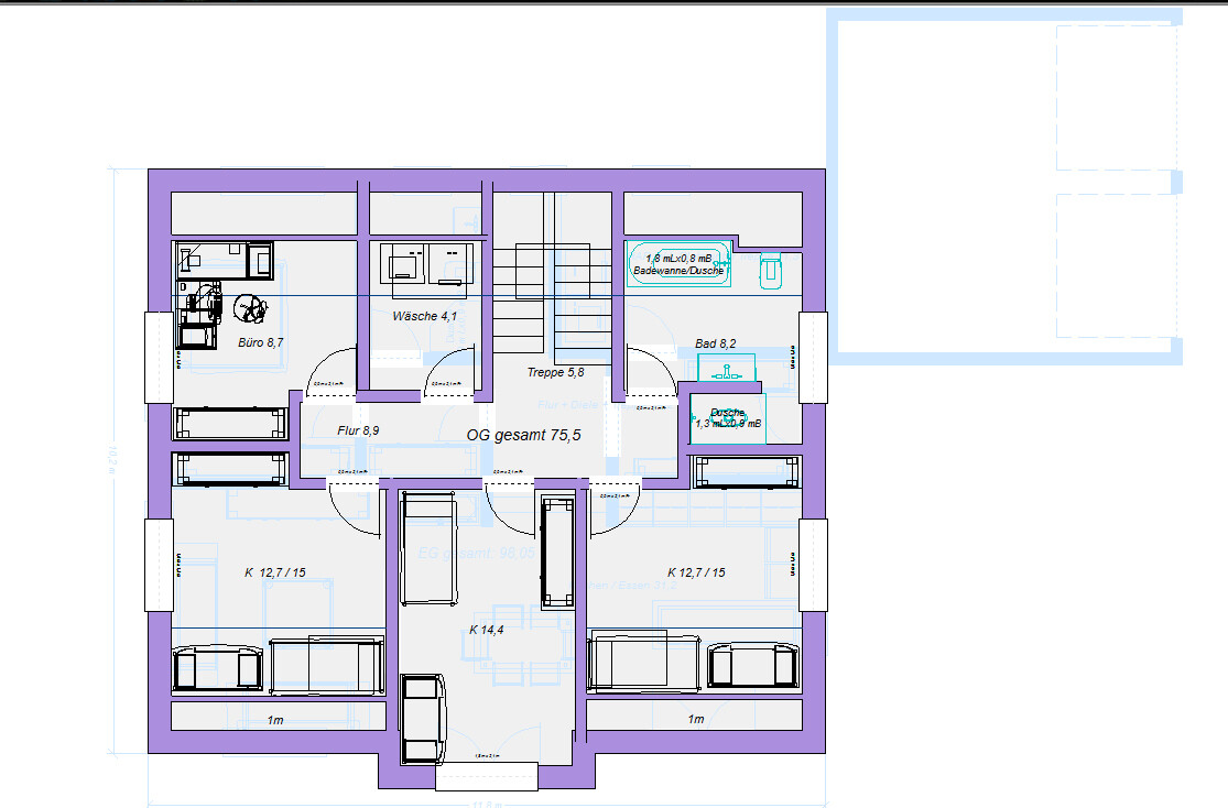 Upper floor plan of a residential house with office, laundry, kitchen, hallway, bathroom, and stairs.