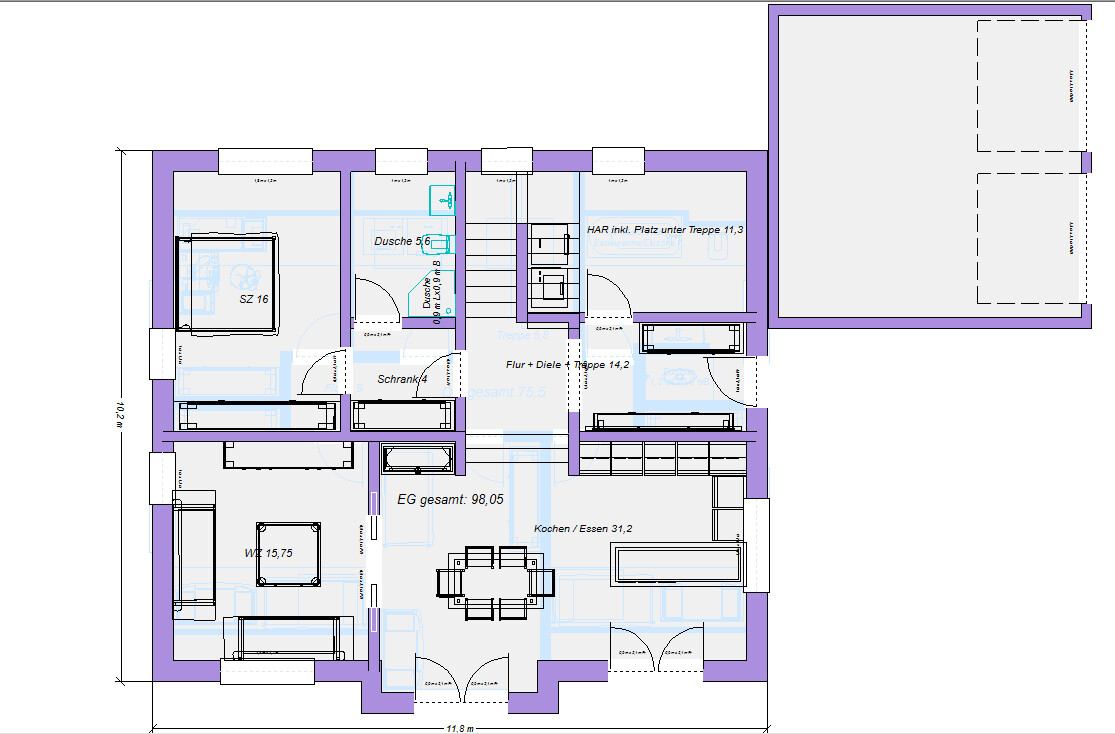Ground floor plan of a house: kitchen/dining area, living room, bathroom, hallway, staircase.