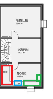 Floor plan of a house with entrance area, utility room and storage room; staircase on the left.