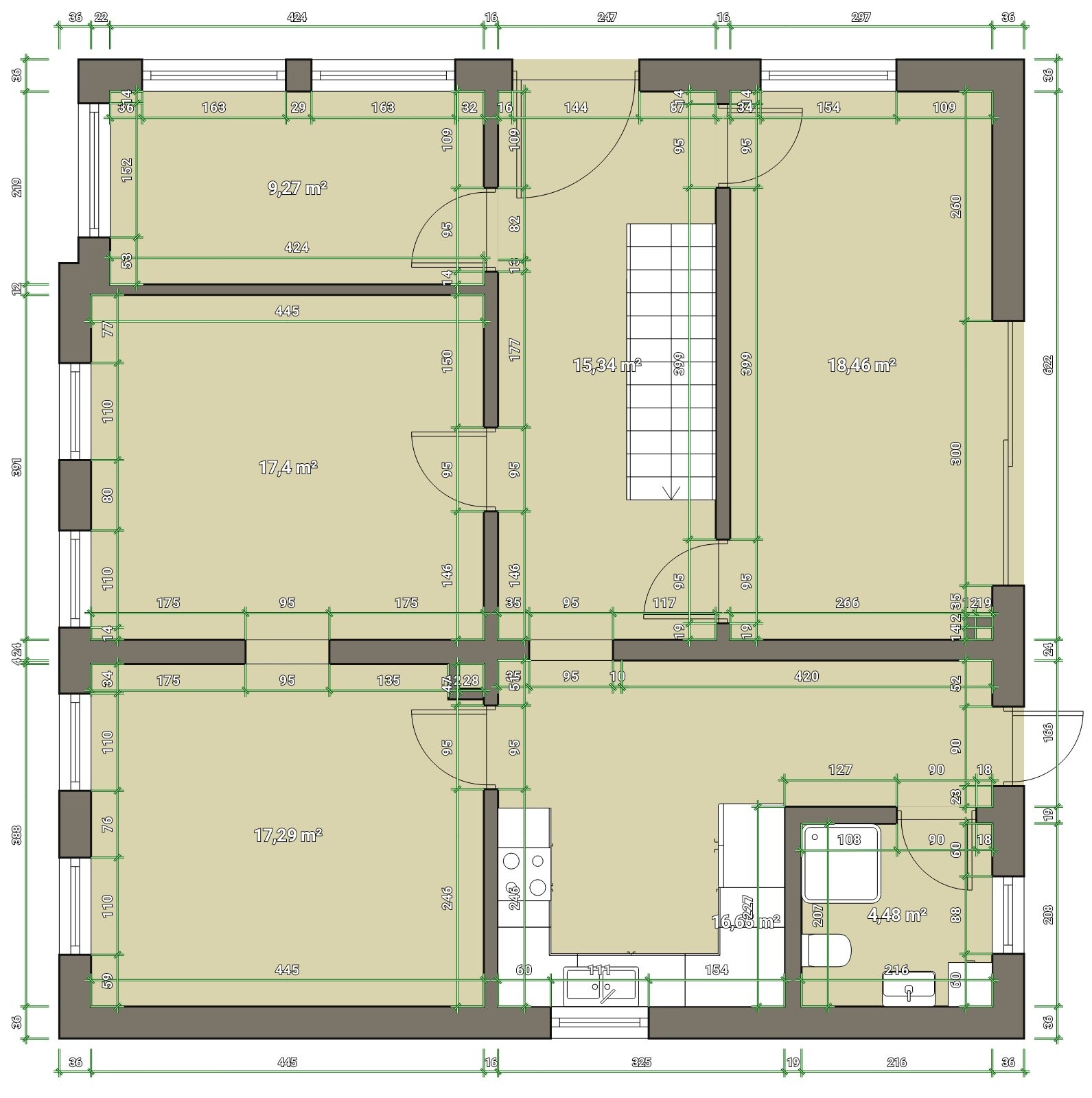 Floor plan of a house with multiple rooms, staircase, kitchen, bathroom, and dimensions in meters.