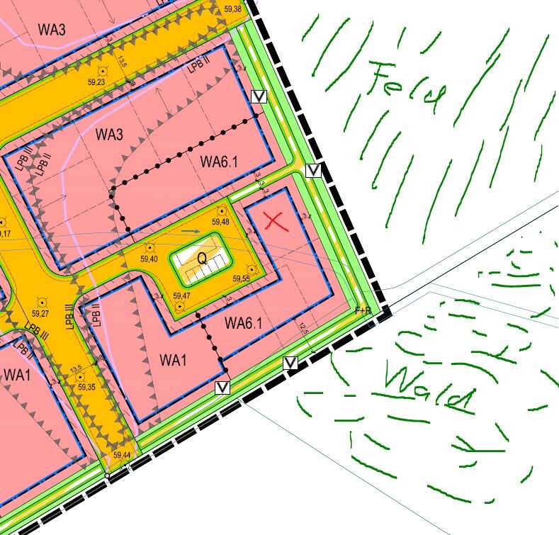 Lageplan mit farbigen Bauzonen WA1, WA3 und WA6.1, Wegenetz, Grenzlinien; Wald rechts.