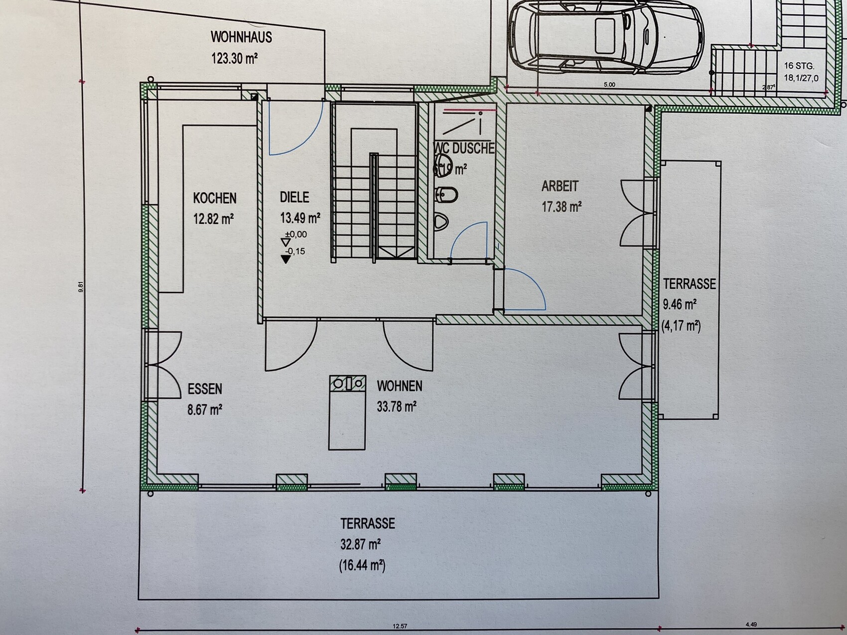 2D floor plan of a residential house with kitchen, dining, living room, and terrace