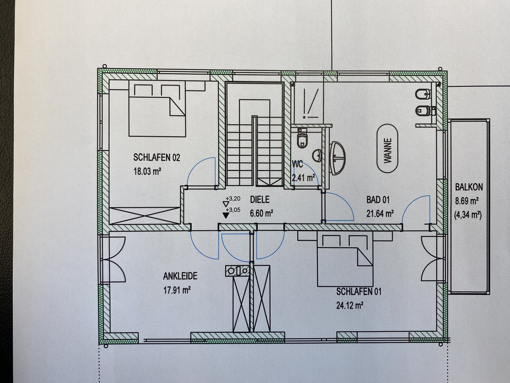 Floor plan of living and sleeping area with two bedrooms, hallway, bathroom, WC, and balcony