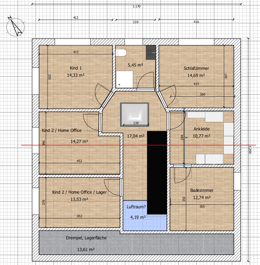 Floor plan of a house: bedroom, child 1, child 2/home office, dressing room, bathroom.