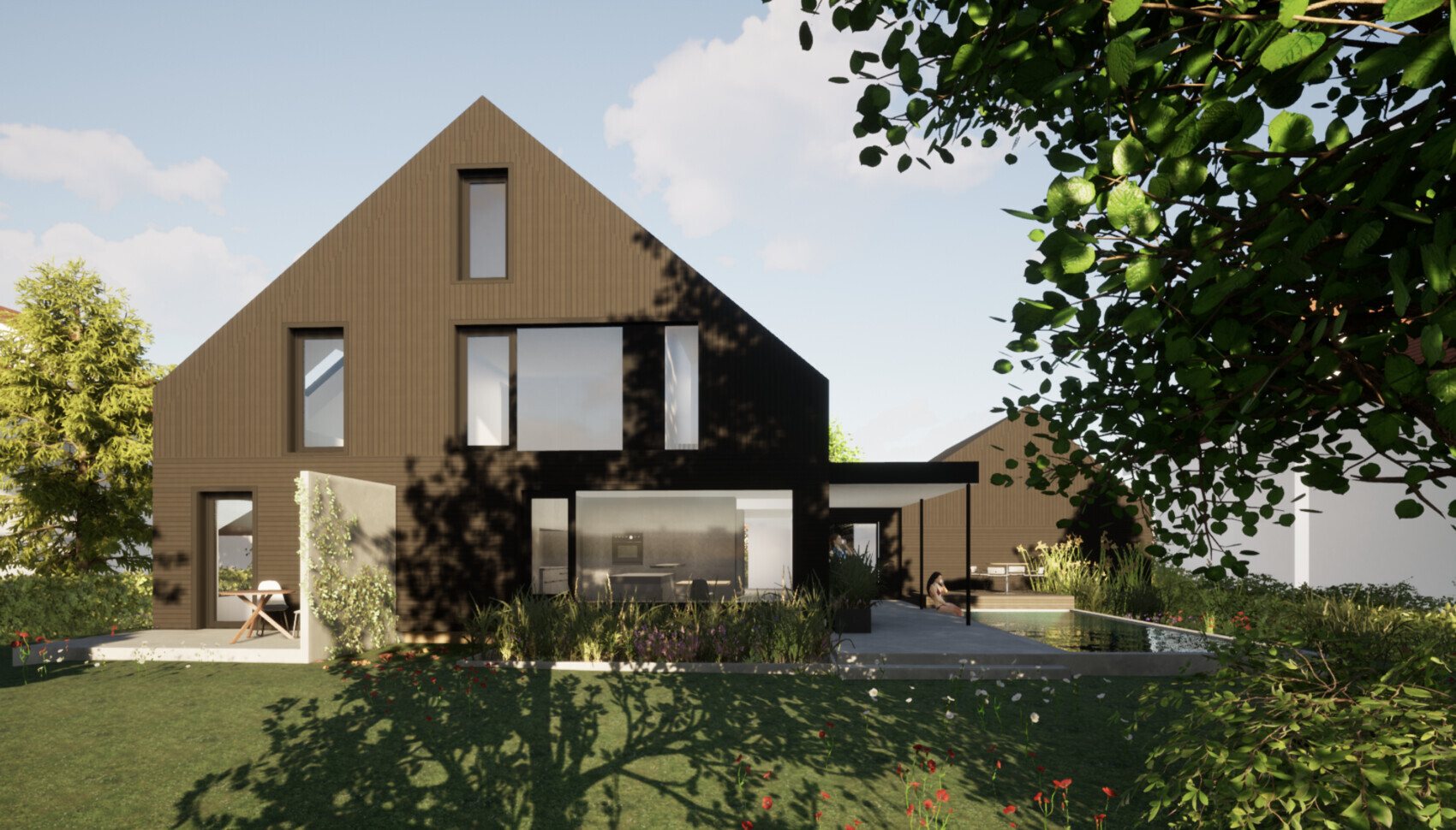 Modern wooden house with gable roof, large windows, garden, and pool area.