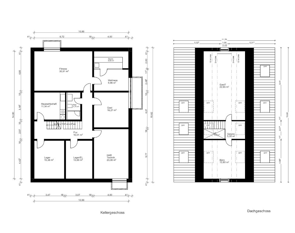 Floor plan: basement with fitness, sauna, guest room; attic with gallery and terrace.