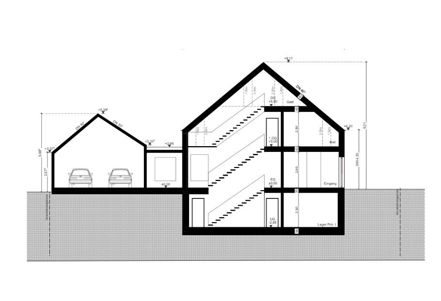 Section through house with garage on the left, staircase, entrance, basement, and attic.