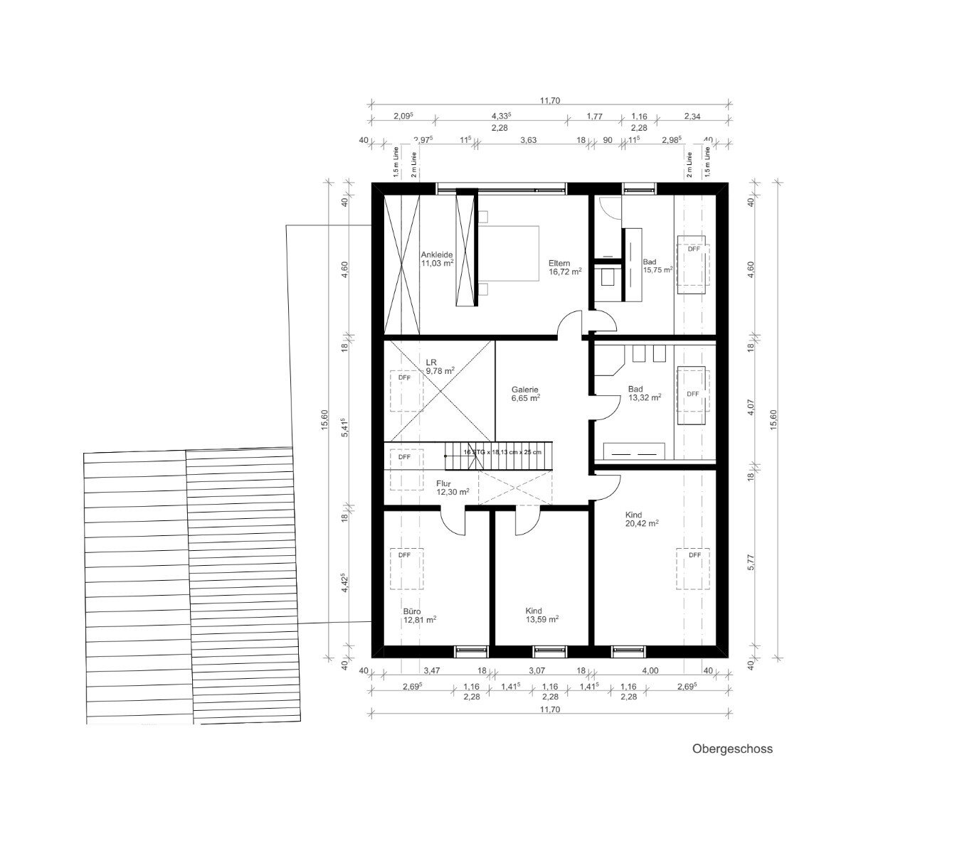 First floor plan: master and children’s bedrooms, bathroom, walk-in closet, hallway, gallery.