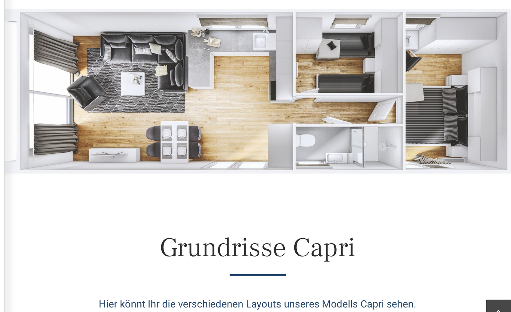 Capri floor plan: open living area, kitchen, dining table, bathroom, and two bedrooms.