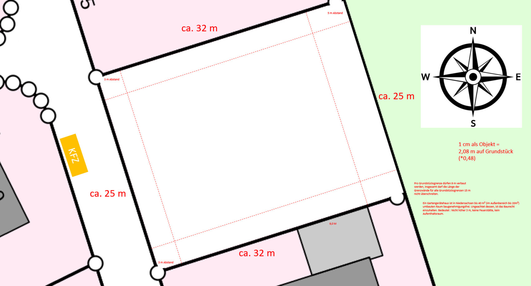 Site plan of a plot with building outlines, dimension lines and compass rose