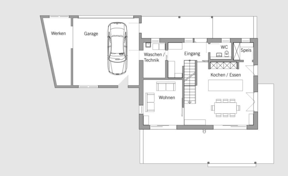 Floor plan of a house: garage with car, entrance area, kitchen/dining, living, WC, pantry.