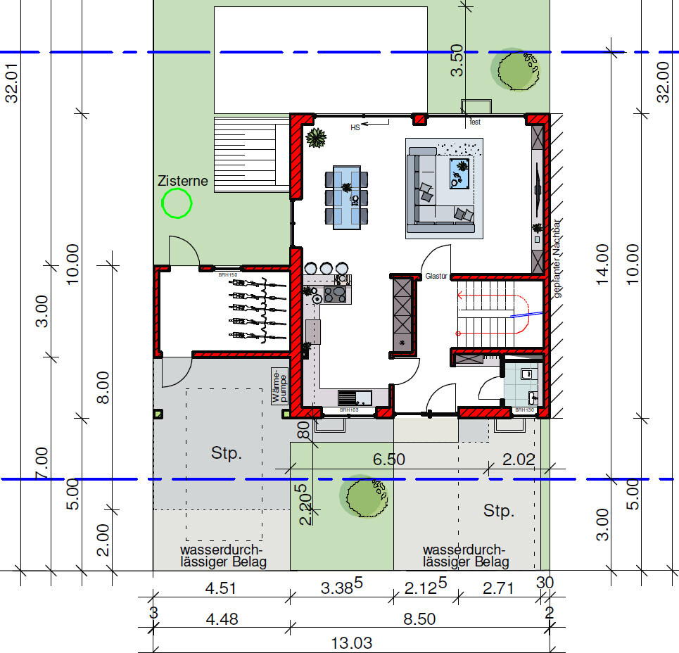 Grundriss eines Hauses mit Wohnzimmer, Küche, Treppenhaus, Terrasse und Garten