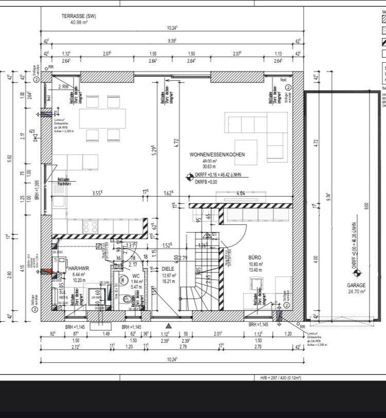 Grundriss eines Hauses (Erdgeschoss): Terrasse, Wohn-/Ess-/Küche, Büro, Garage, Diele, WC, HAR/HWR.
