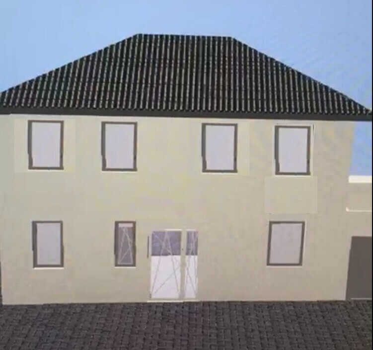 Two-story, bright house with dark tiled roof, several windows, and a glass door