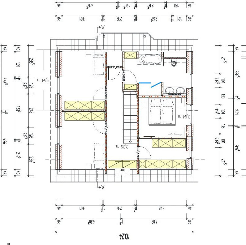 Floor plan of a residential house: bedroom, bathroom, stairs and wardrobe
