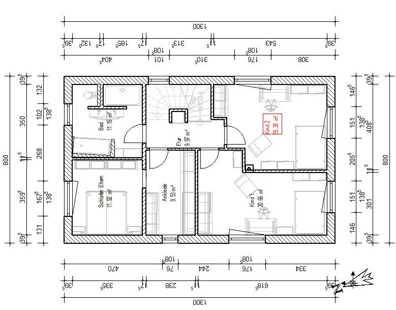 Floor plan of a house with hallway, bathroom, master bedroom, walk-in closet and two children's rooms