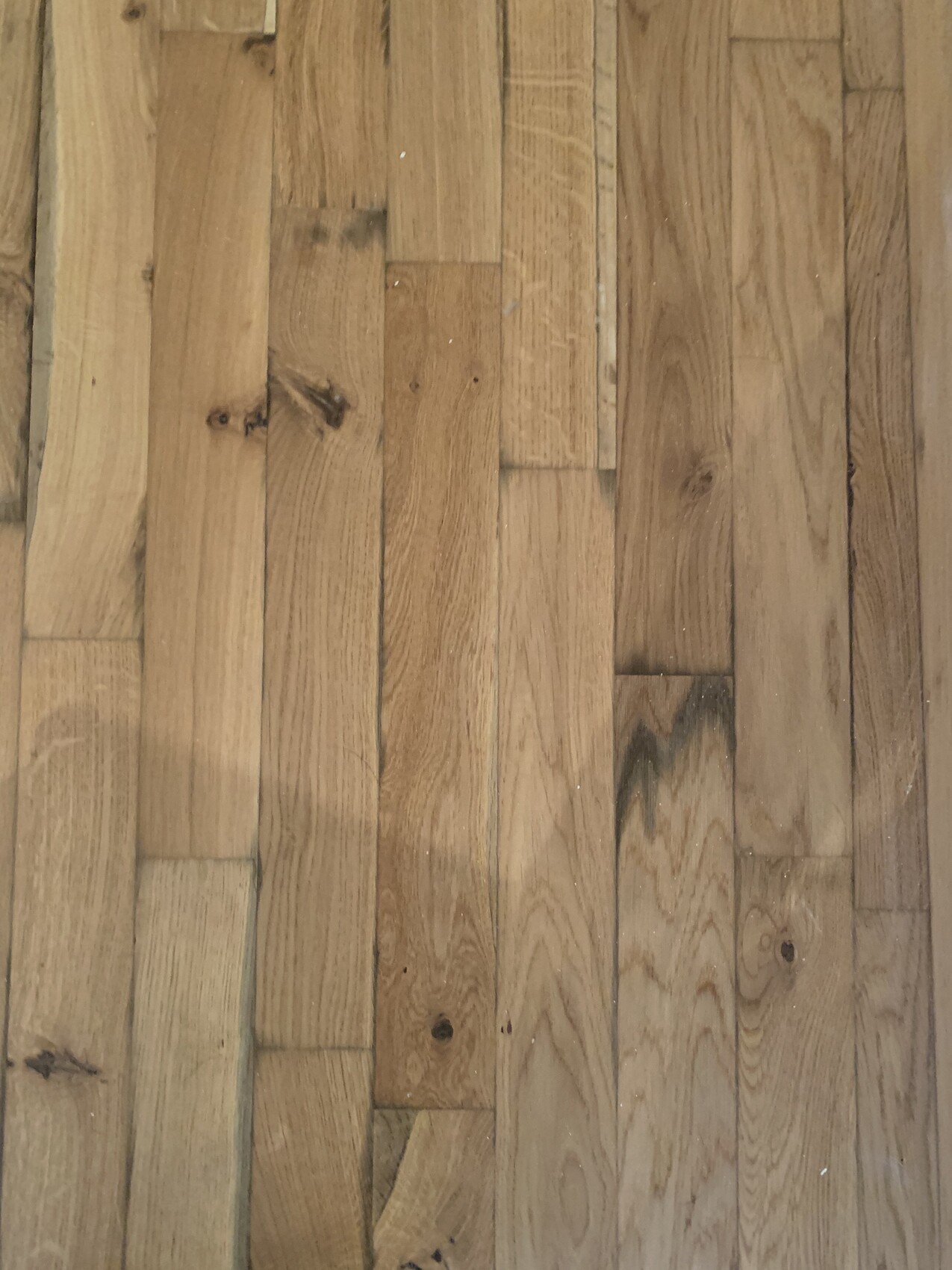 Wood plank floor in brown tones, visible grain and some scratches.